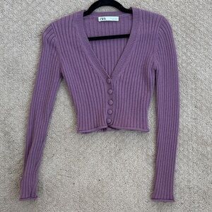 Zara Lavender Wool-blend Cropped Ribbed Cardigan, size Small